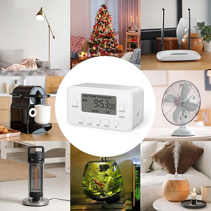 BN-LINK 7-Day Heavy Duty Digital Timer with Dual Outlet, LCD Display, 3-Prong Programmable Design, for Lights, Fans, Coffee Machine, Home, Kitchen, Office, Indoor Use, 125V 15A 1875W, 1 Pack