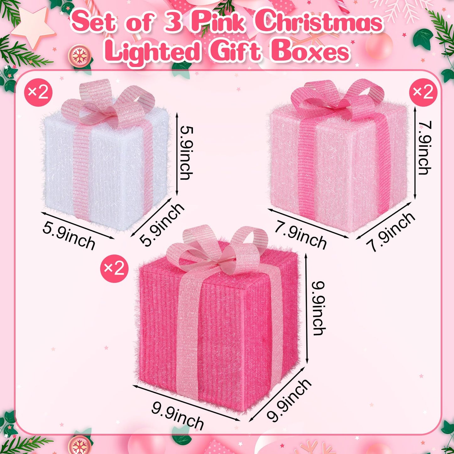 Otoolling 8 Mode 3 Packs Pink Valentines Decorations LED Light Up Valentines Lighted Gift Boxes with Glitter Bow Present Boxes USB Powered for Wedding Christmas Porch Room Decor Indoor Outdoor