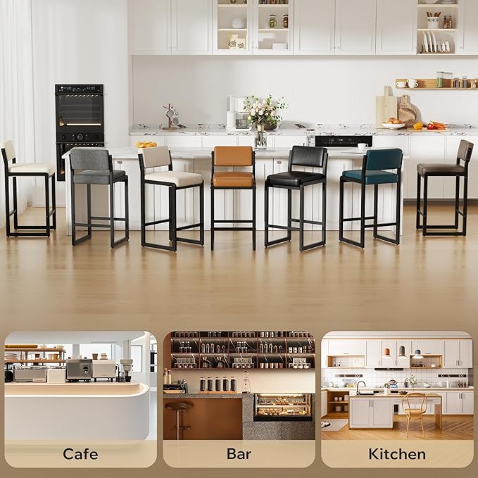 Bar Stools Set of 6, Faux Leather Counter Height Bar Stools with High Back and Metal Legs, Upholstered Bar Chairs, 26" Modern Barstools for Kitchen Island, Caramel