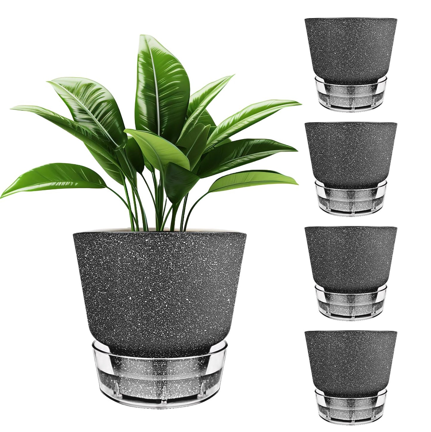 HYNZ 2024 Upgraded 5 Pack 6-Inch Self-Watering Planter Pots with Deep Reservoir for Indoor and Outdoor Plants with Planting Tools (Frosted Black)