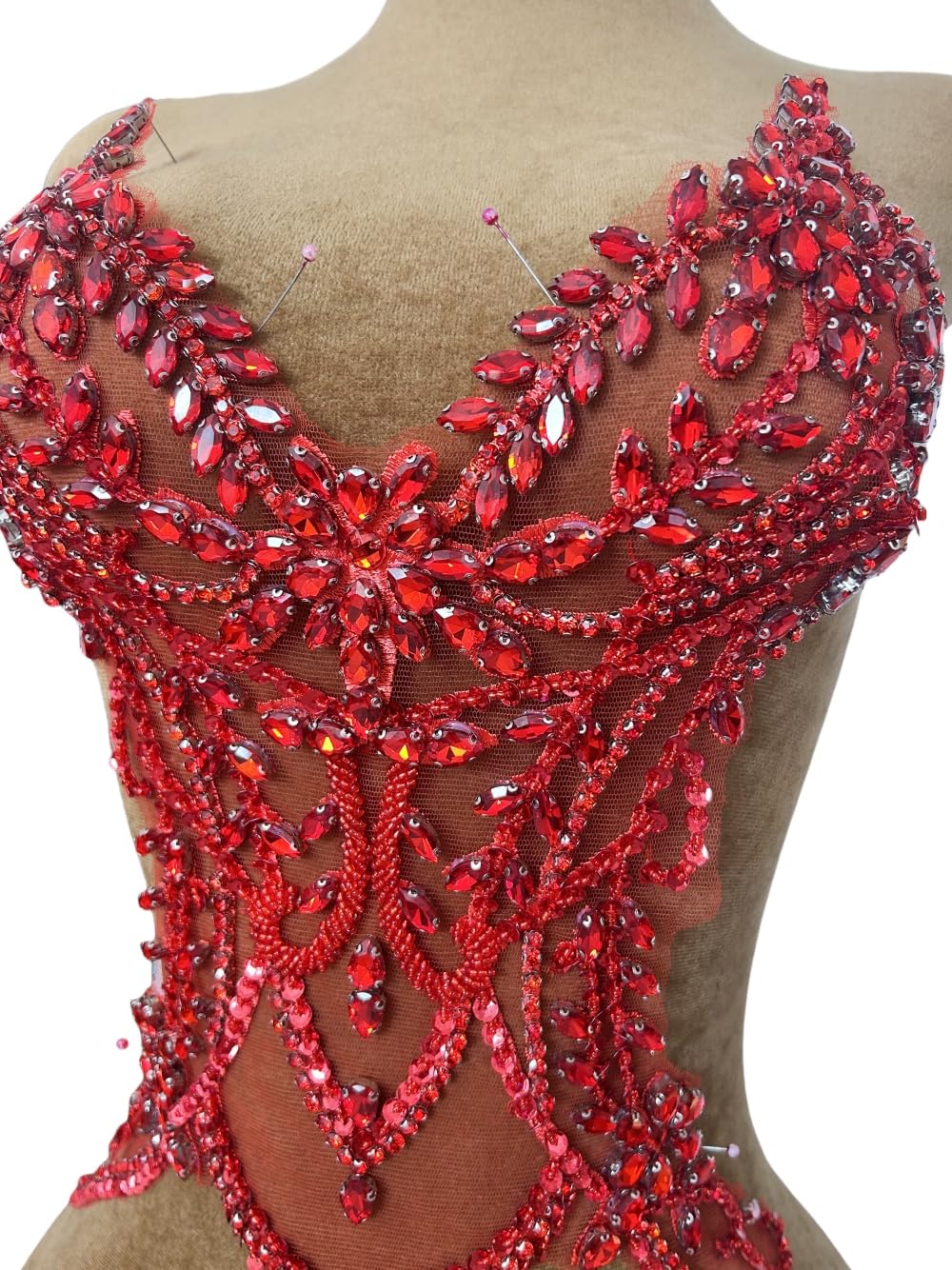 Hand Beaded Sewing Lace Patches Costumes Appliques with sew on Crystals Rhinestones for Crafts DIY Protects Wedding Evening Party Dance Clothes Accessories (Red)