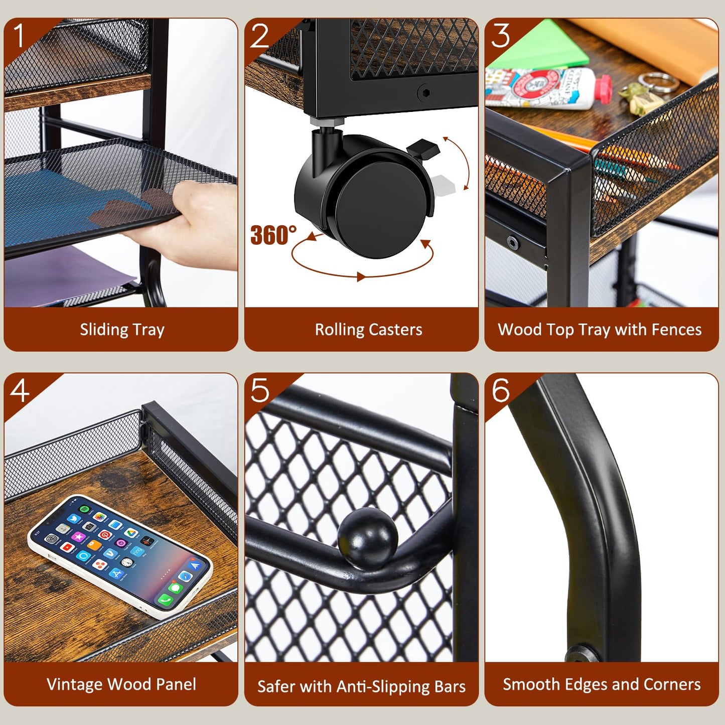 5-Tier Rolling File Cart with Lockable Wheels, Mobile Desk File Organizer Hanging File Folders Paper Letter Sliding Trays, Black Wood & Mesh Hanging Folder Drawer Organization for Office, Home, School