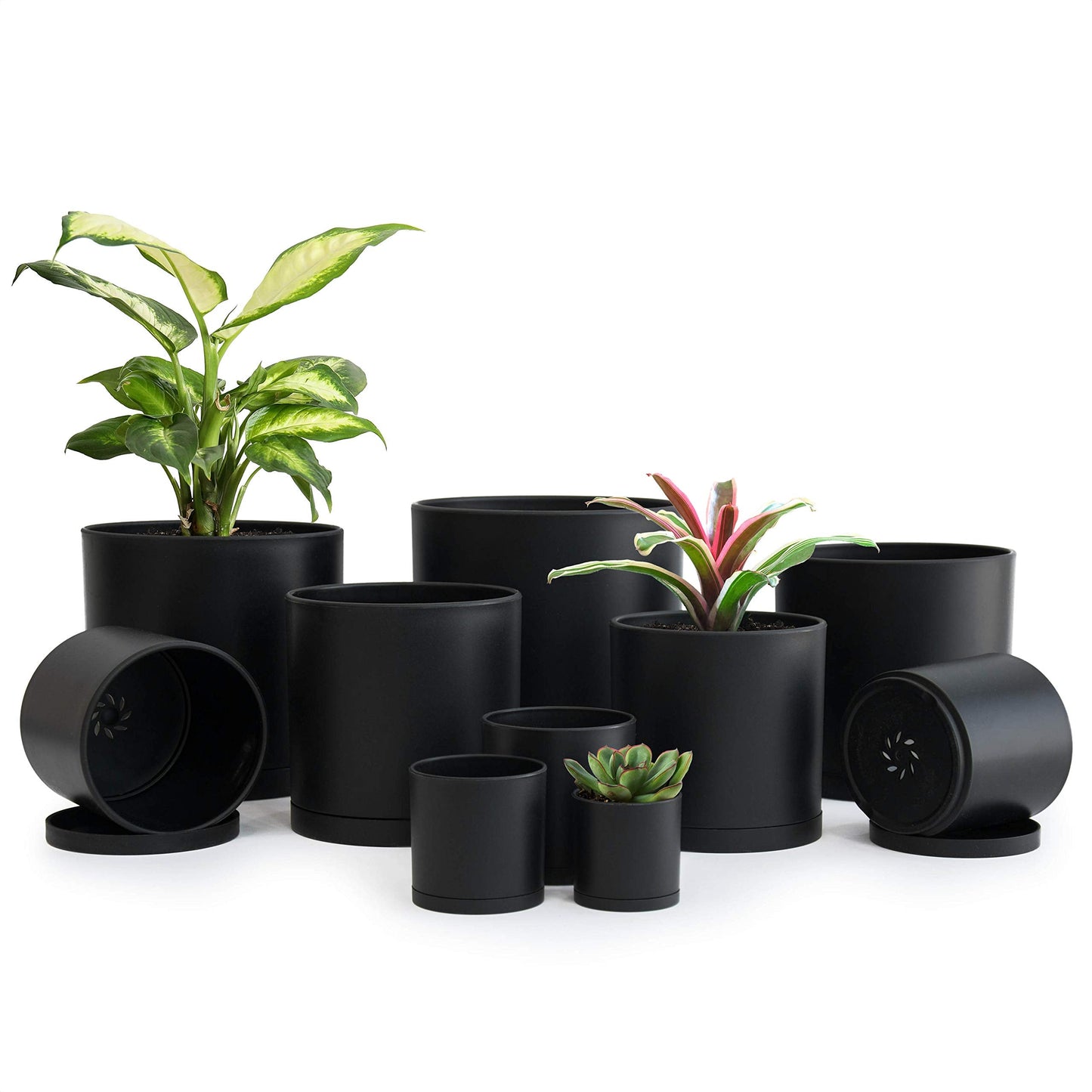 D'vine Dev 10 Pack Plastic Plant Pots for Plants, 6.5/6/5.5/5/4.5/4/3.5/3/2.5/2 Inch Indoor Planters Cylindrical Succulent Pot with Drainage Hole and Saucer, Black, 74-S-B
