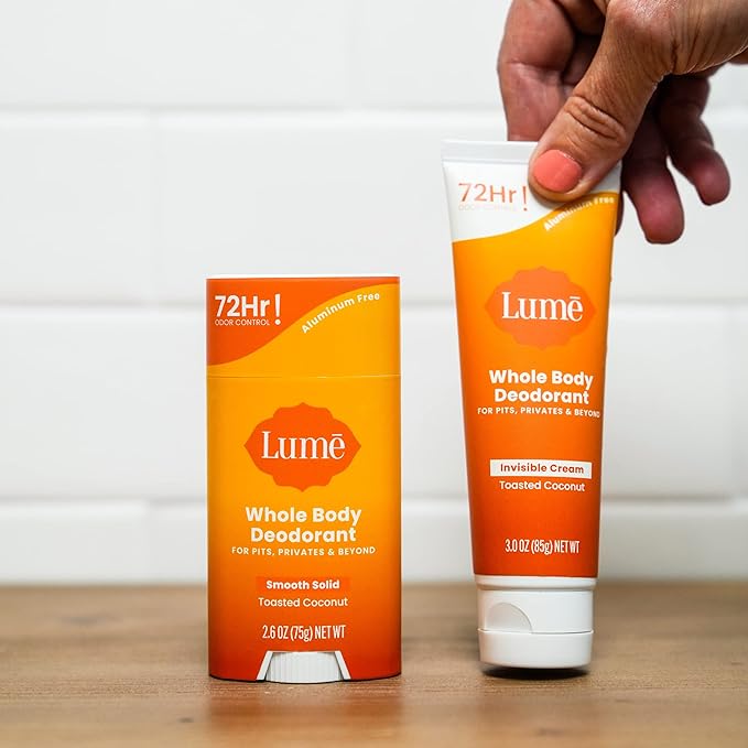 Lume Whole Body Deodorant - Invisible Cream Tube and Solid Stick - 72 Hour Odor Control - Aluminum Free, Baking Soda Free, Skin Safe - 3.0 Ounce 2.6 Ounce Bundle (Toasted Coconut)