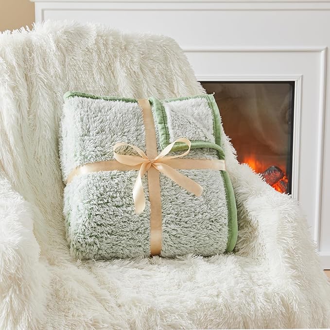 EMME Fuzzy Blanket Soft Fleece Throw Blankets for Women, Fluffy Sherpa Throws(Plush Sage,90"x90")