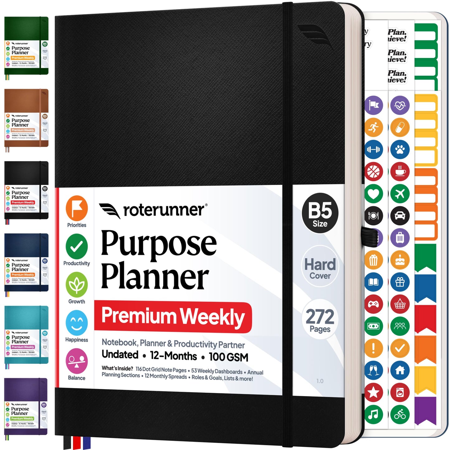 Roterunner Purpose Planner Notebook B5 7.5”x9.8” 12 Month Undated 2026 Daily Weekly and Monthly Productivity Goal Setting Tool for Work Home ADHD Planner for Adults Self Care Journa (Black)