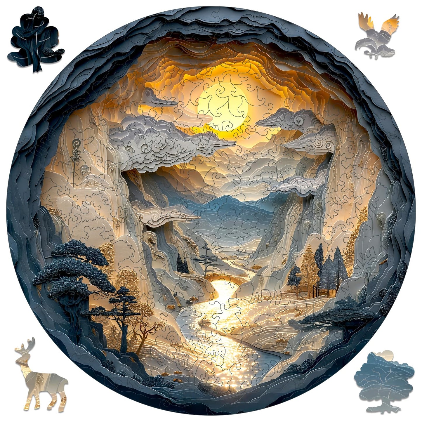 Qiuenisray 3D Vision Effect Sunset Wooden Puzzle 500 Piece, Mountains Rivers Bright Jigsaw Puzzle, FSC Certified Wood Puzzle, Beautiful Wall Decor, Creative Gift Family Game 16.5x16.5 in