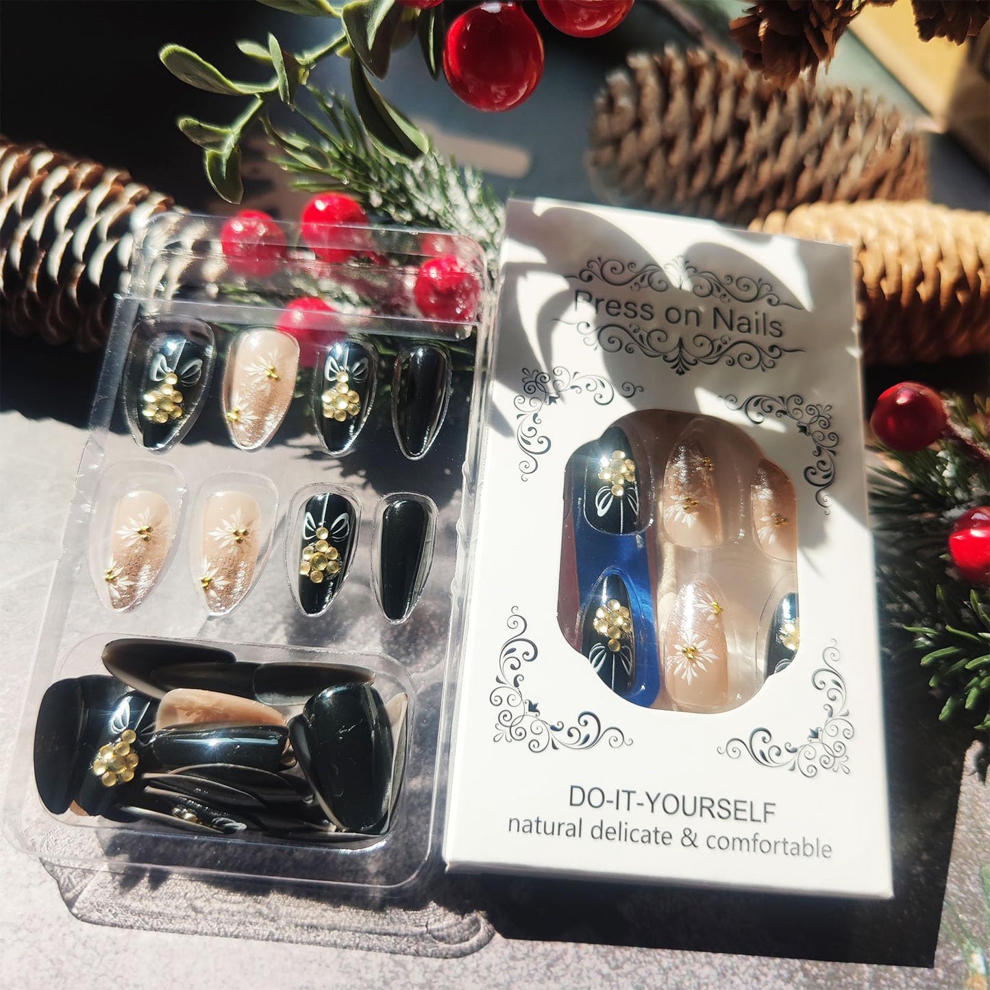 Snowflake Press on Nails Bell Stick on Fingernails Christmas Press ons Medium Almond Nail Glossy Silver Glitter False Nail 24Pcs Bow Tie Gel Glue on Acrylic Fake Nails for Holiday Women
