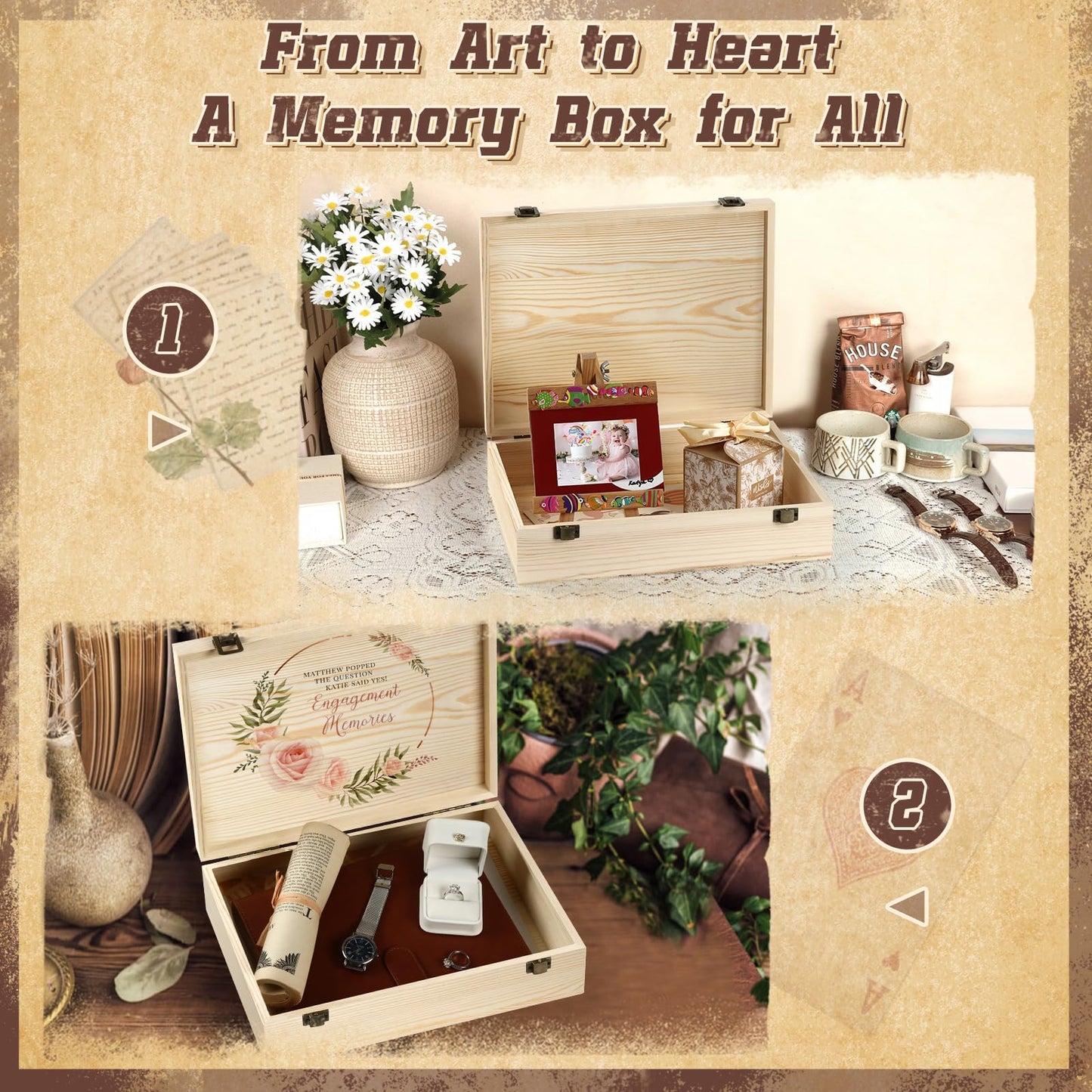 HIPNOOK 2 Pack Unfinished Wooden Box with Lid – 12"x9"x3.1" Decorative Storage Keepsake Memory Boxes Natural Pine Wooden Boxes for Crafts, DIY, Painting, Wood Burning,Wood Gift Box- Ideal Gift & Home