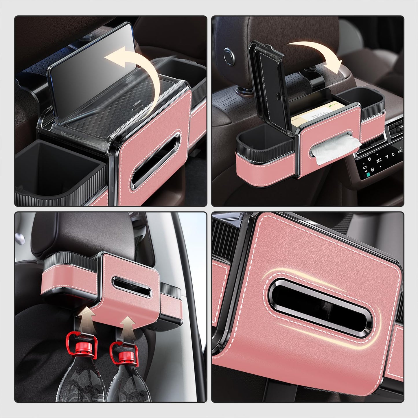 Multifunctional Car Seat Back Organizer Box with Drink Cup Holder, Makeup Mirror, Tissue Box& Hooks for Car Seat Back, New Upgrade Car Headrest Backseat Organizer Suitability for Wife, Girlfriend