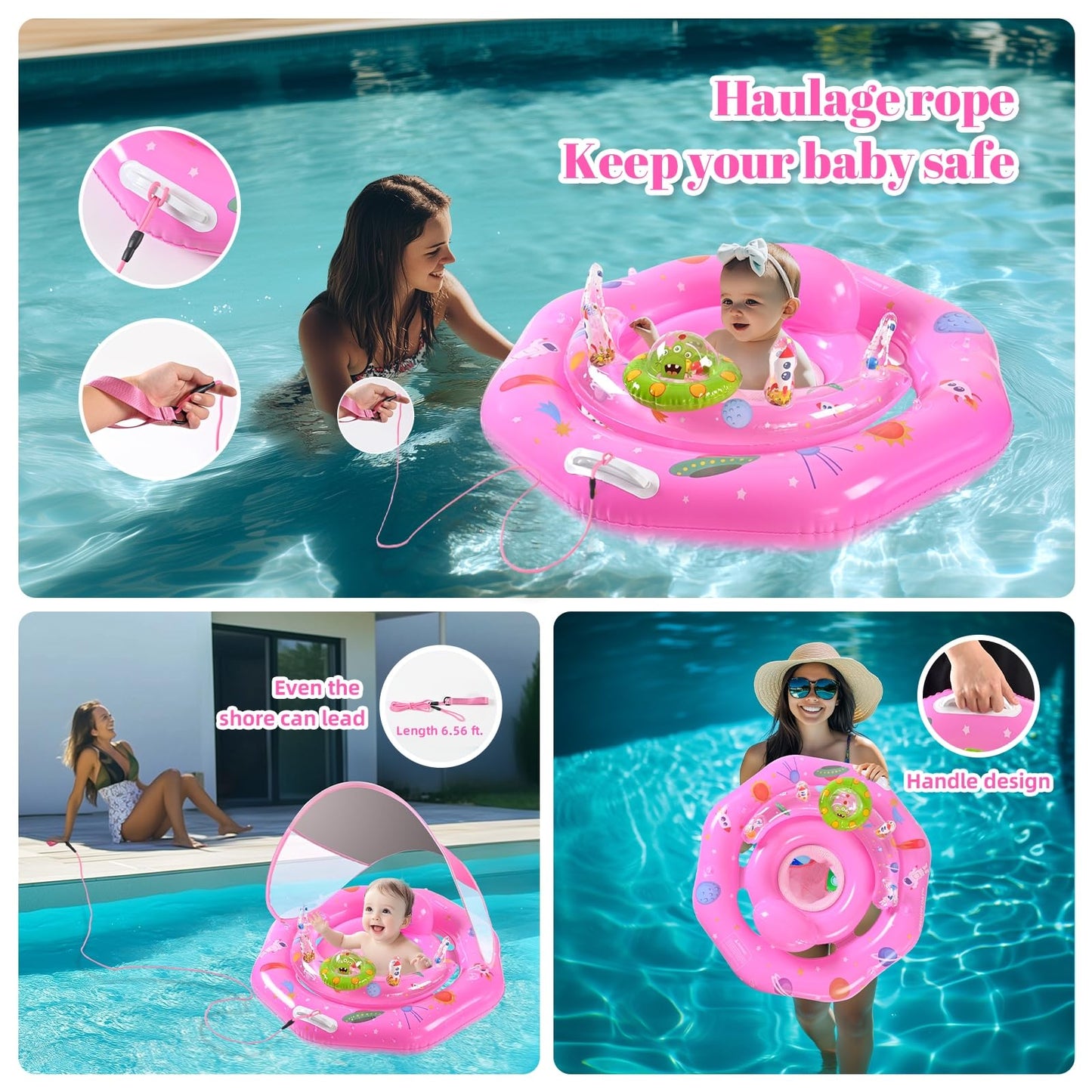 Baby Pool Float for 6-36 Months | Extra Wide Infant Pool Float with UPF50+ Canopy & Toy Play Console | Baby Floatie with Adjustable Safety Seat, Detachable Sunshade, Secure Handle & Safety Leash
