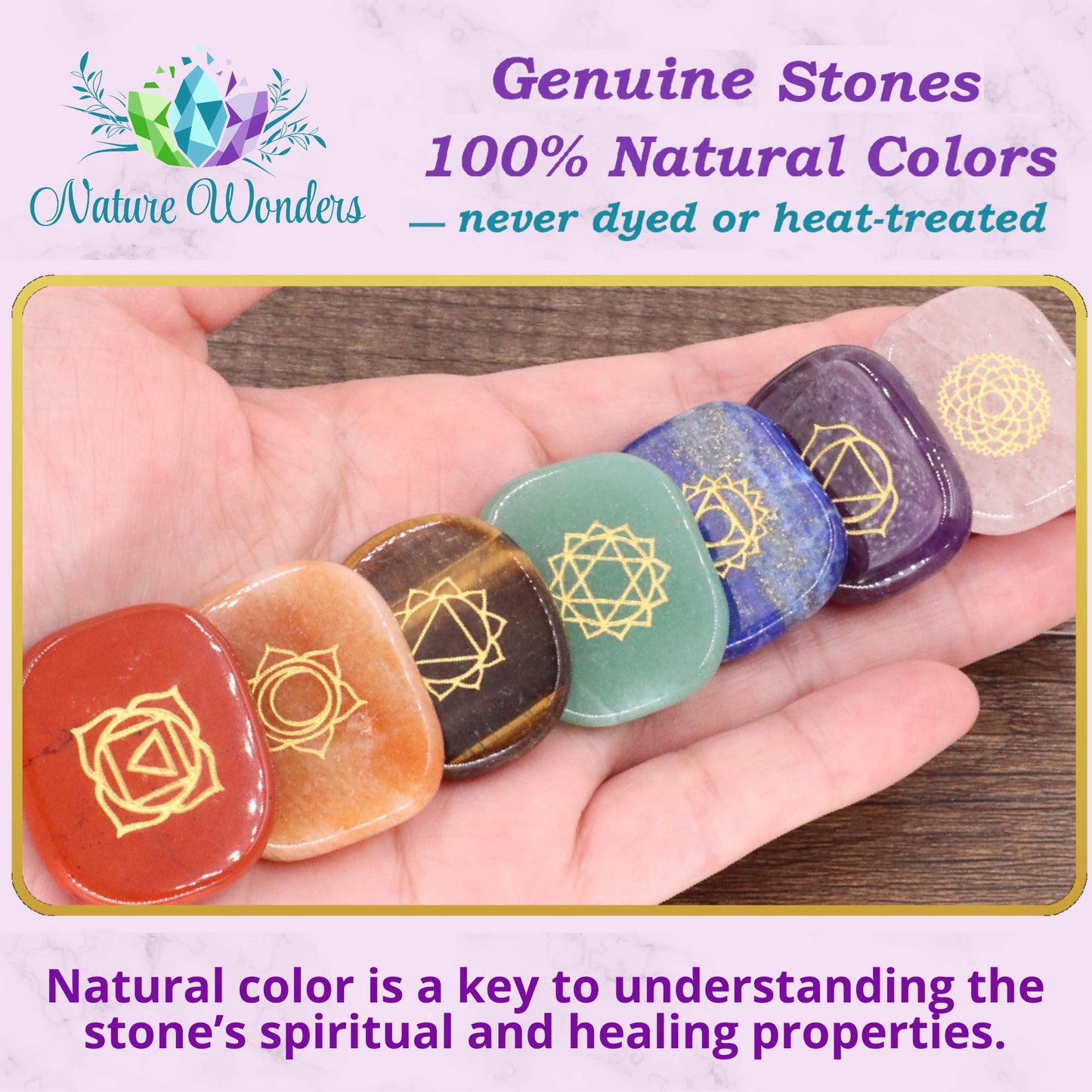 NatureWonders All Natural Chakra Stone Set with Information Brochure & Travel Pouch - Healing Crystals, Polished Palm Stone, Meditation, Reiki, Energy