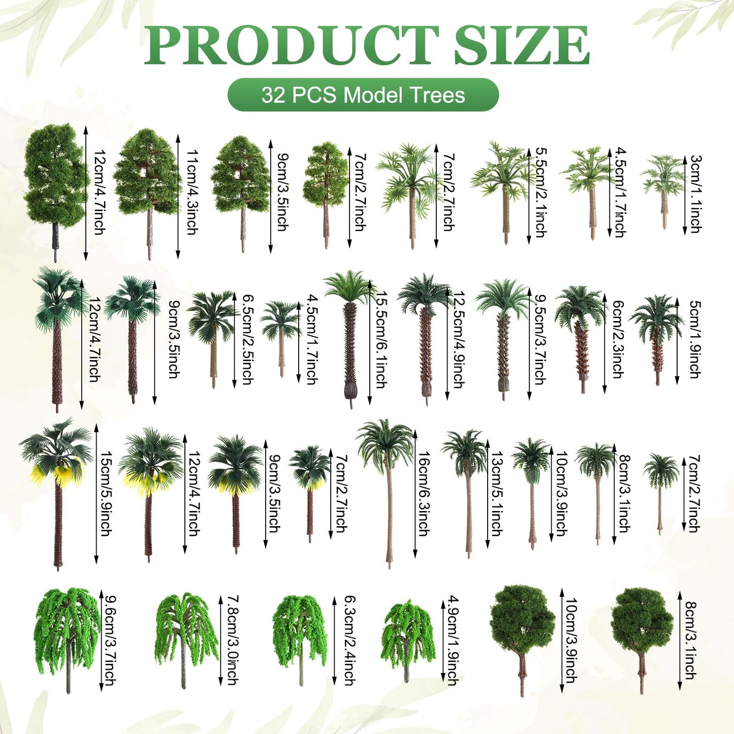 Thiccywoov 40 Pcs Diorama Supplies Kit Include 32 Miniature Trees 1.2-6.2 Inch Mini Mixed Model Plastic Fake Architecture 8 Bags Scenery Basing Material Kit for DIY Craft(Tropical Trees)