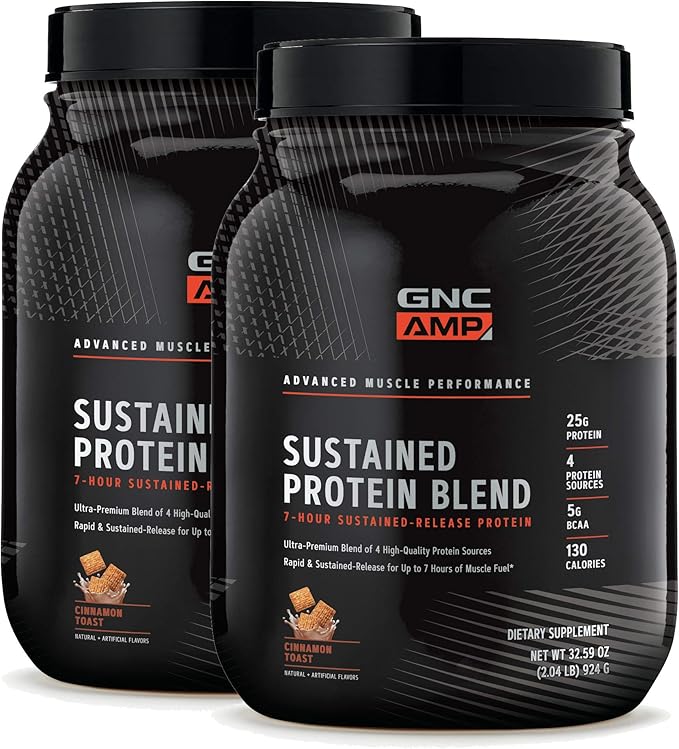 GNC AMP Sustained Protein Blend | Targeted Muscle Building and Exercise Formula | 4 Protein Sources with Rapid & Sustained Release | Gluten Free | Cinnamon Toast | 56 Servings
