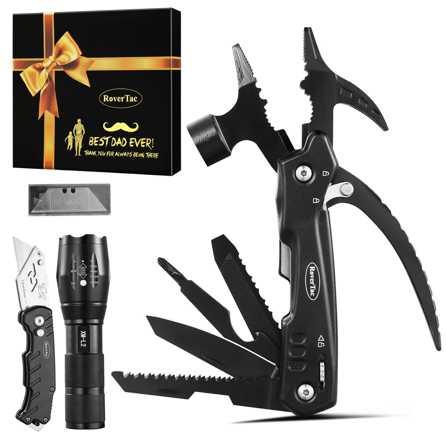 RoverTac Dad Tool Gift Set, 12-in-1 Multitool Hammer, Flashlight & Utility Knife in a Gift Box with "BEST DAD EVER", Unique & Practical Gift for Dad on Father’s Day, Birthday, Christmas & Retirement