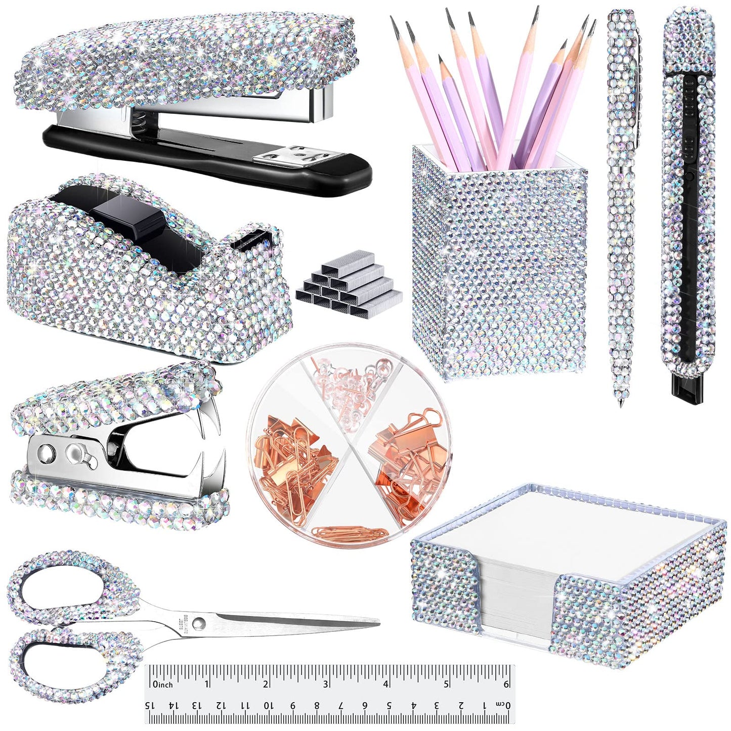 Teling 10 Pcs Bling Office Accessories for Desk Bling Crystal Office Supplies Set Desk Accessory Kit Glitter Stapler Staple Remover Tape Dispenser Diamond Pen Scissors for Women Home(Silver)
