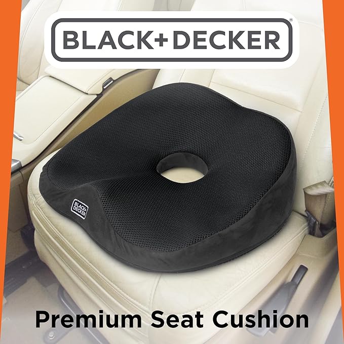 BLACK+DECKER High Back Tailbone Seat Cushion – Memory Foam Chair Cushion for Office, Car, Wheelchair & Airplane – Ergonomic, Non Slip, Breathable Mesh, Sciatic Pain Relief, Washable Cover, Black