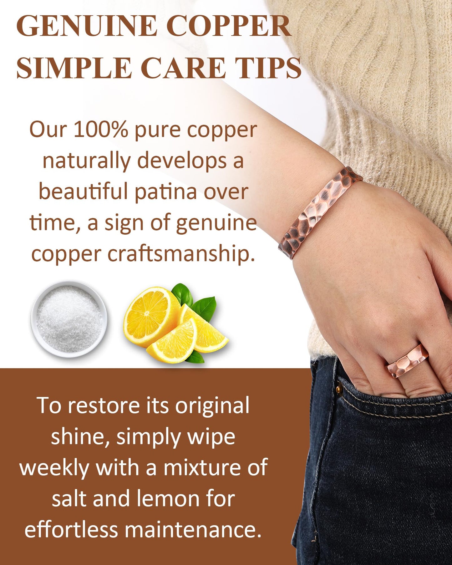 Fashtour Pure Copper Bracelet and Ring Set – Copper Bracelet for Men & Women – 100% Solid, Raw & Uncoated Handmade Hammered Tibetan Cuff Bangle (copper079)