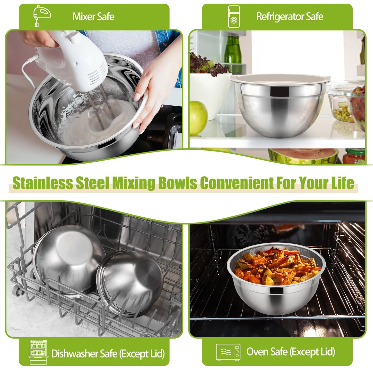 P&P CHEF Khaki Mixing Bowls with Lids, Set of 3, Stainless Steel Salad Nesting Bowl for Mixing, Storing, Prepping, Airtight & Stackable, Size 4.6/3 /1.5 QT
