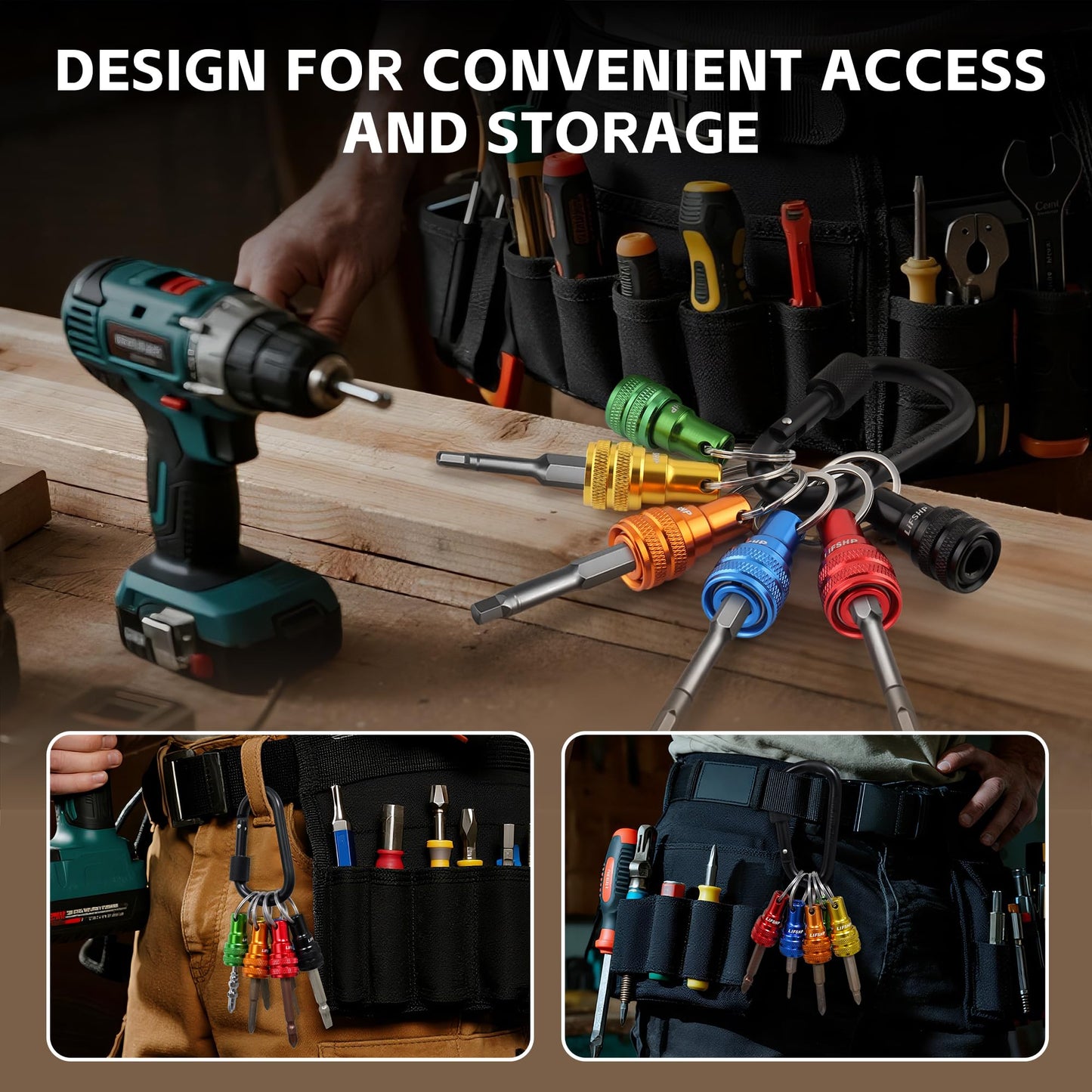 6Pcs Drill Bit Holder Key Chain, 2 Sets 1/4 Hex Shank Aluminum Alloy Push to Unlock Quick Release for Impact Bit Driver Extension Bar Nut Driver Screwdriver & Drill Bits,Tool Gifts for Men-Multi Color