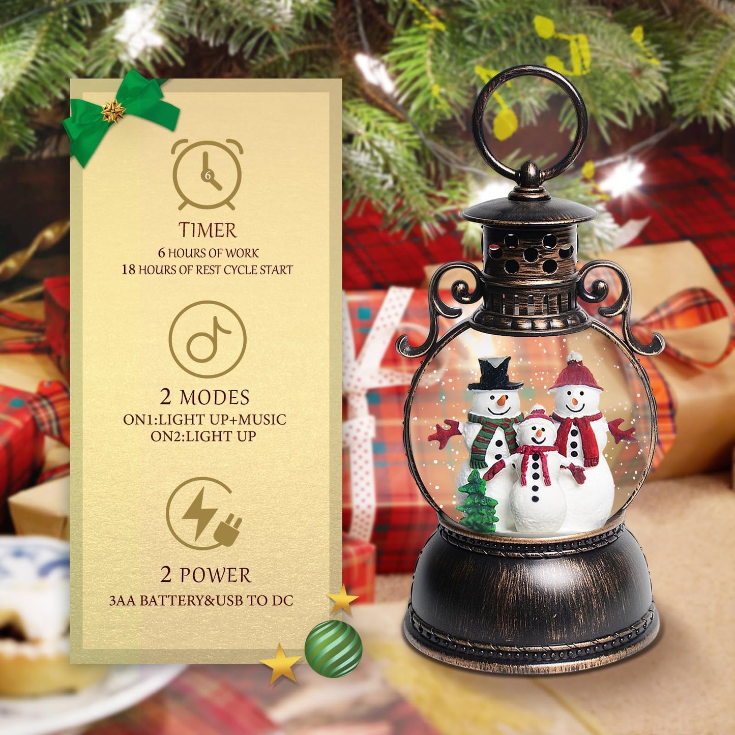 Christmas Snow Globes, Christmas Snowman Snow Globes Lantern with 8 Songs, 6H Timer Battery & USB Powered Glitter Music Box for Christmas Table Decorations Home Decor