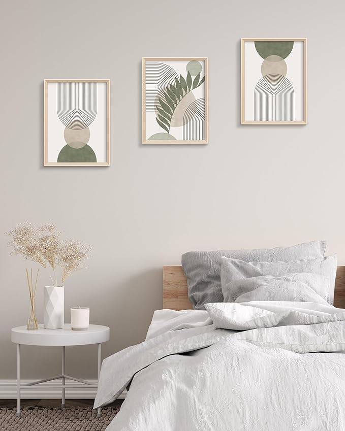 HesenDot Boho Sage Green Framed Wall Art, 12x16in High Framed Design Canvas Prints Wall Decor,Minimalist Abstract Green Poster Home Decoration for Living Room Bedrrom Gallery Office,Set of 3