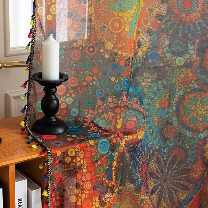 Dot Colorful Sheer Curtains 102 inch Long, Fringed Edges and Textured Semi Sheer Curtains Large Window Treatments for Living Room/Bedroom, 2 Panels