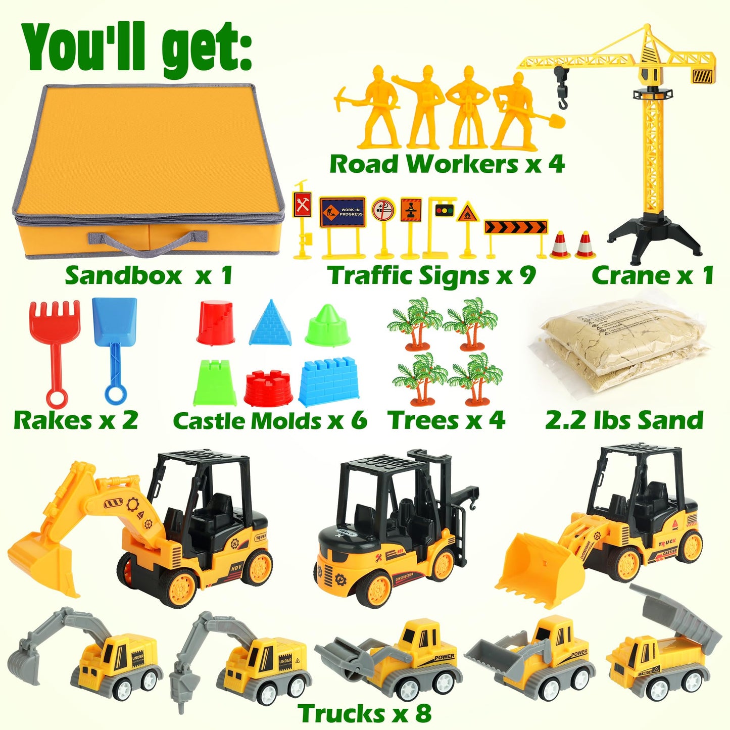 Billeeit Sand Construction Kit with Big Foldable Sandbox and 2.2lbs Moldable Sensory Play Sand, Truck Toys Including Castle Molds and Other Accessories - 36Psc Set Gifts for Kids 3+