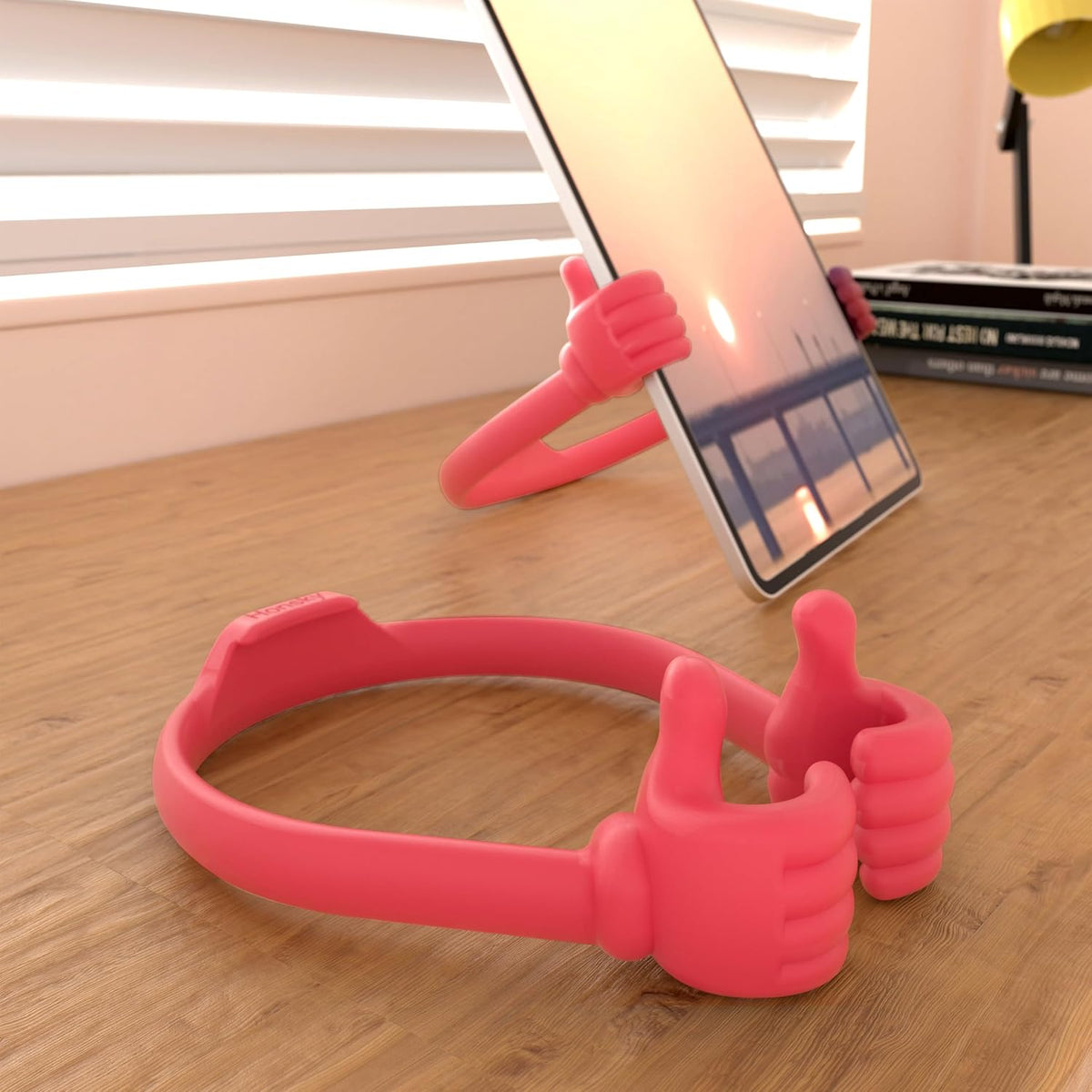 Honsky Thumbs-up Cell Phone Stand Holder, Tablet Stand Cradle for Desk Desktop Smartphone Cellphone Mobile Phone Tablets - Universal Adjustable Flexible, Light Red