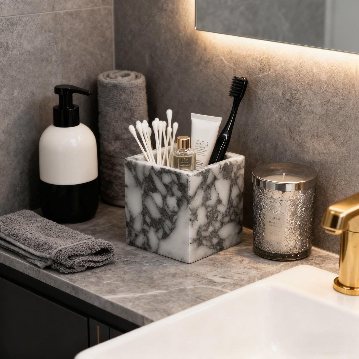 Artisanal Abode Marble Pen Holder, White Stone Rectangular Desktop Organizer, Office Study Makeup Brush Storage, Home Desk Decor, Minimalist Design, Durable Marble Accessory