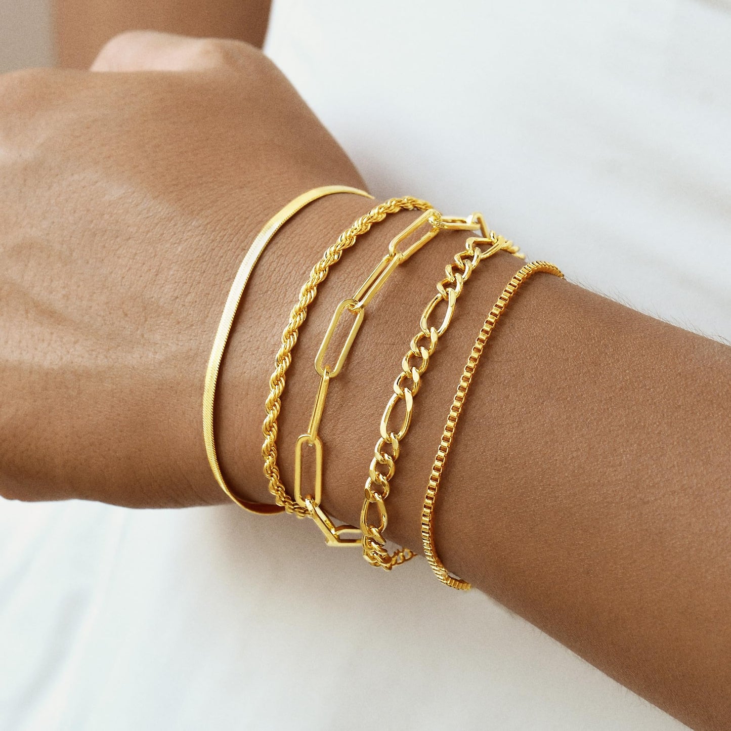 Striviio Gold Bracelets for Women, 14K Gold Plated Stackable Bracelet Stack Set Adjustable Charm Paperclip Chain Snake Link Layered Waterproof Jewelry Sets Gifts