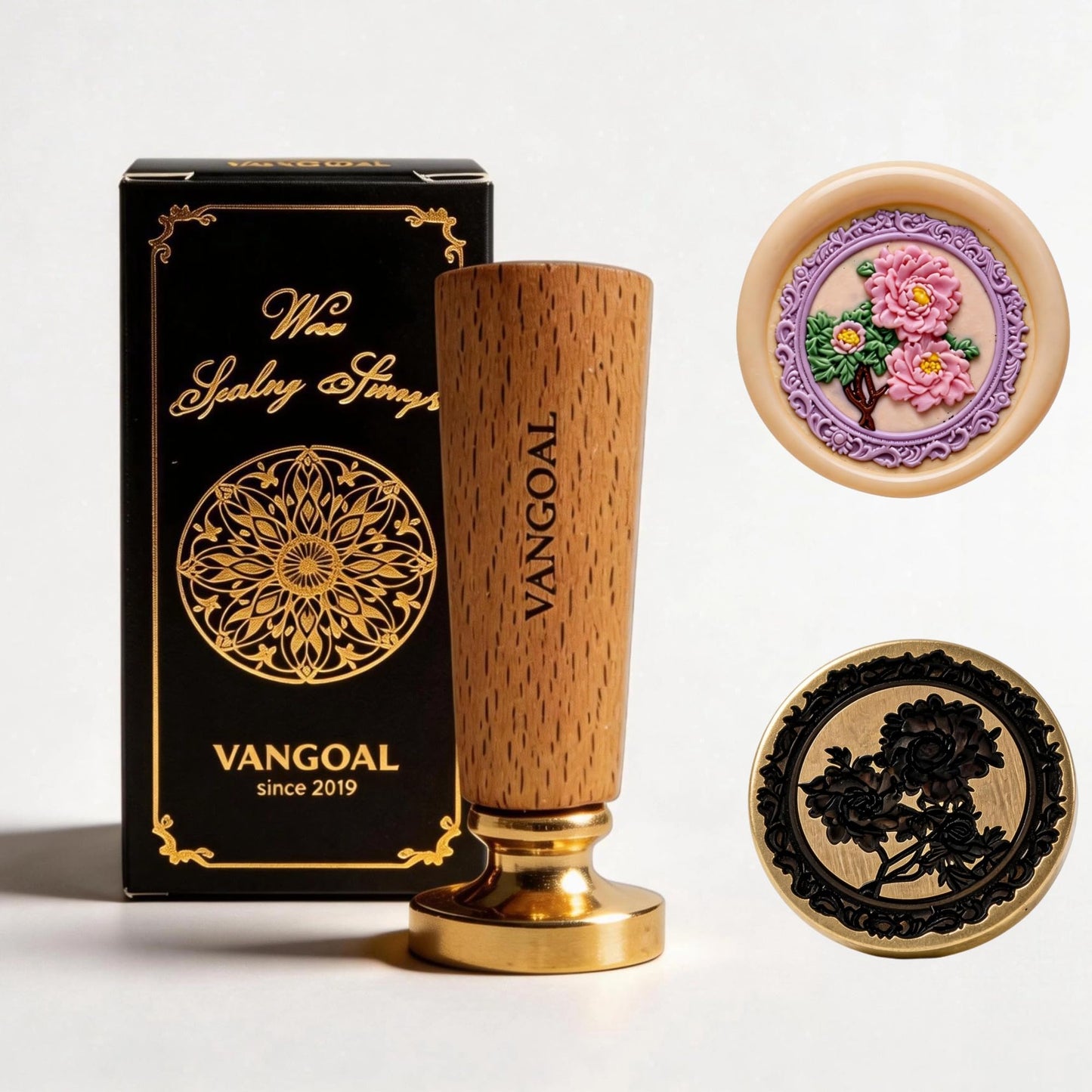 VANGOAL Wax Seal Stamp, Floral Series, 3D Embossed Brass Stamp Head with Wooden Handle, Vintage Sealing Kit for Wedding Invitations, Envelopes, Gift Wrapping, Letters and Crafts (Peony with Frame)