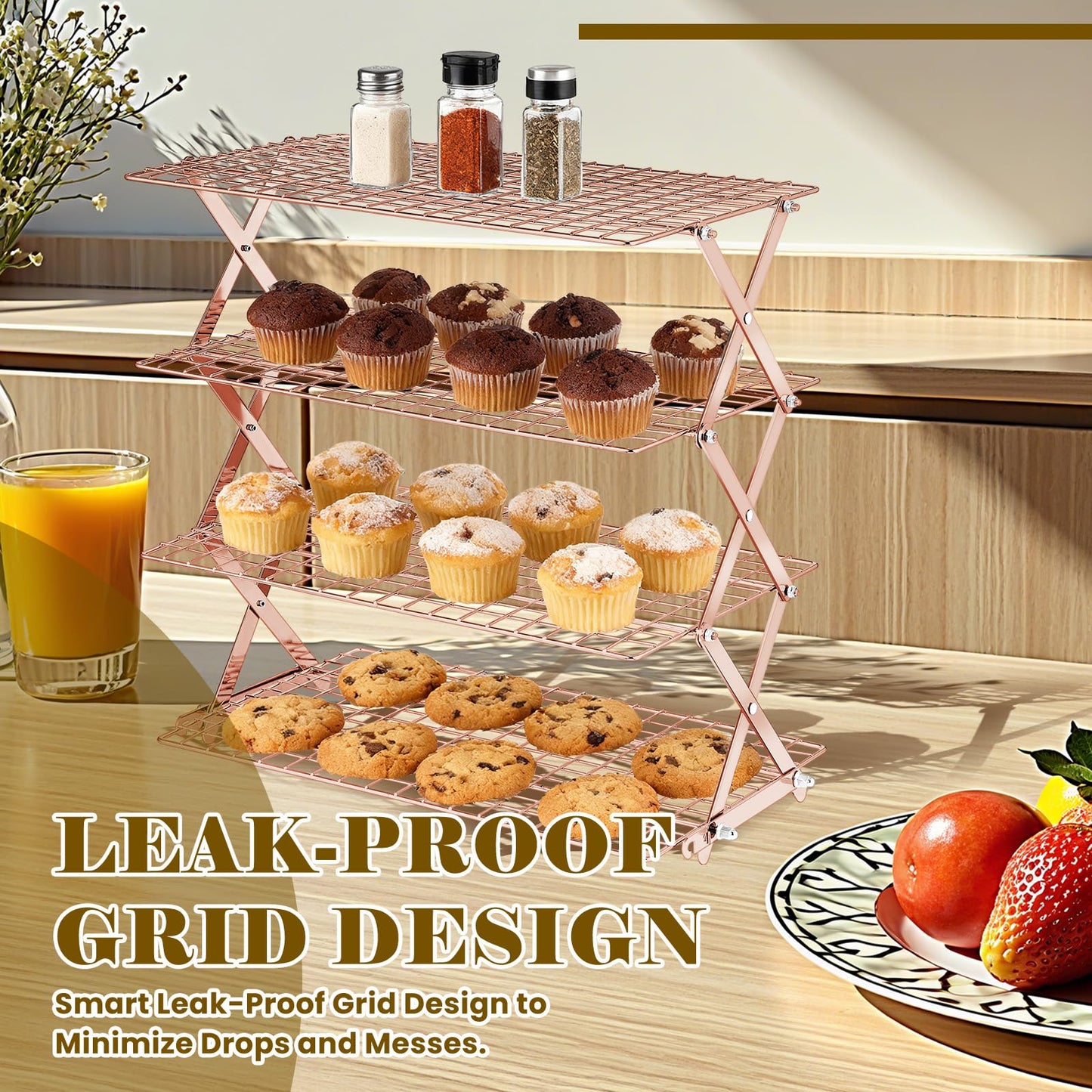 BEWOS 4 Tier Collapsible Cooling Rack - Adjustable Stainless Steel Baking Rack with Mesh Leak Proof，Foldable X-Shaped Structure Cooling Racks for Cooking and Baking, Dishwasher Safe（ Rose Gold）