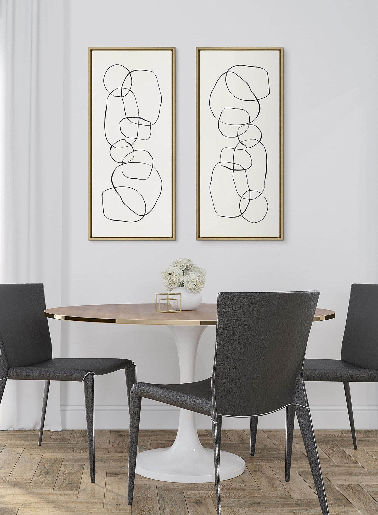 Kate and Laurel Sylvie Dancing Circles Framed Linen Textured Canvas Wall Art by Teju Reval of SnazzyHues, 18x40 Gold, Neutral Abstract Wall Decor