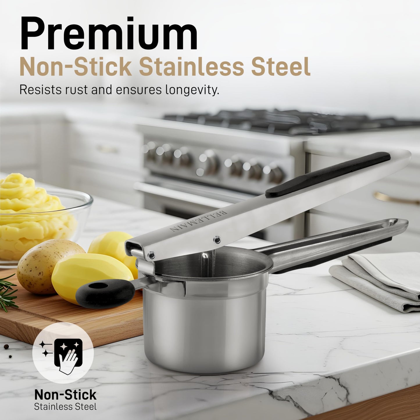 Bellemain Large Potato Ricer 15oz – Heavy Duty Stainless Steel Potato Masher for Smooth Mashed Potatoes, Baby Food & Gnocchi Maker