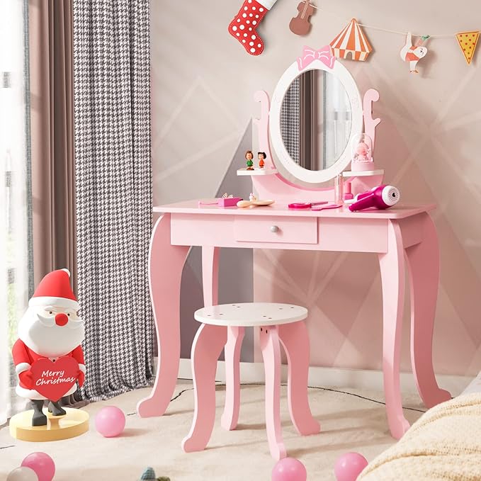 KOTEK Pink Kids Vanity Set, 2-in-1 Makeup Vanity Desk with Detachable Top & 360° Rotating Mirror, Stool and Drawer, Bow Pattern for Little Girls, Princess Dressing Table for Toddler 3-7