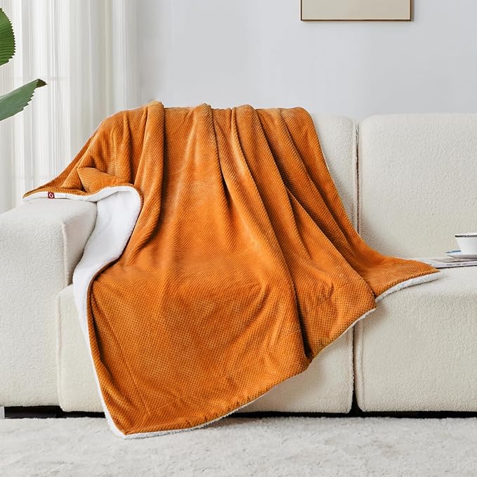 SOCHOW Waffle Sherpa Fleece Throw Blanket, Super Soft Fuzzy Warm, Lightweight Fluffy Reversible Plush Blanket for Bed Sofa Couch, 50 x 60 Inches Burnt Orange