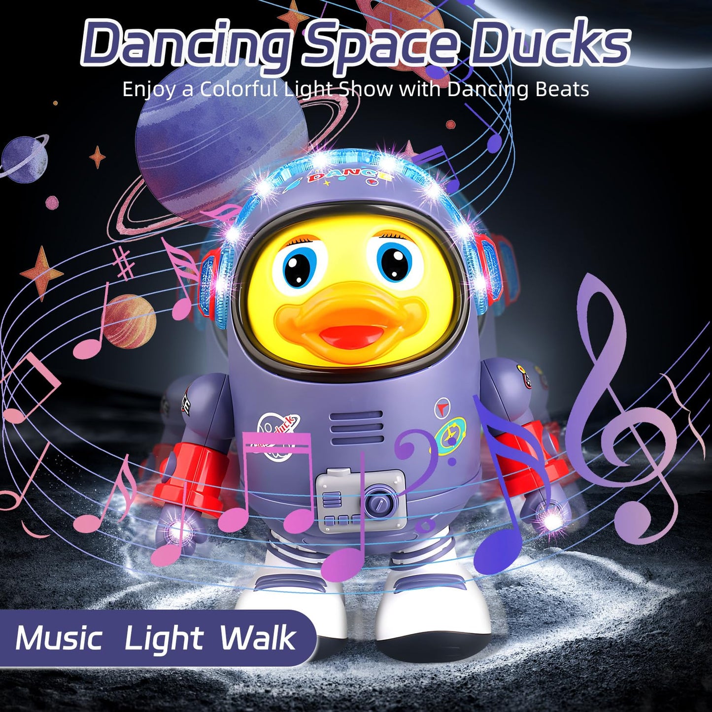 Musical Dancing Space Duck Toy, Walking Duck Robot with Lights & Sounds, Crawling Interaction & Tummy Time Toy for Babies Toddlers Birthday Gift (Blue)