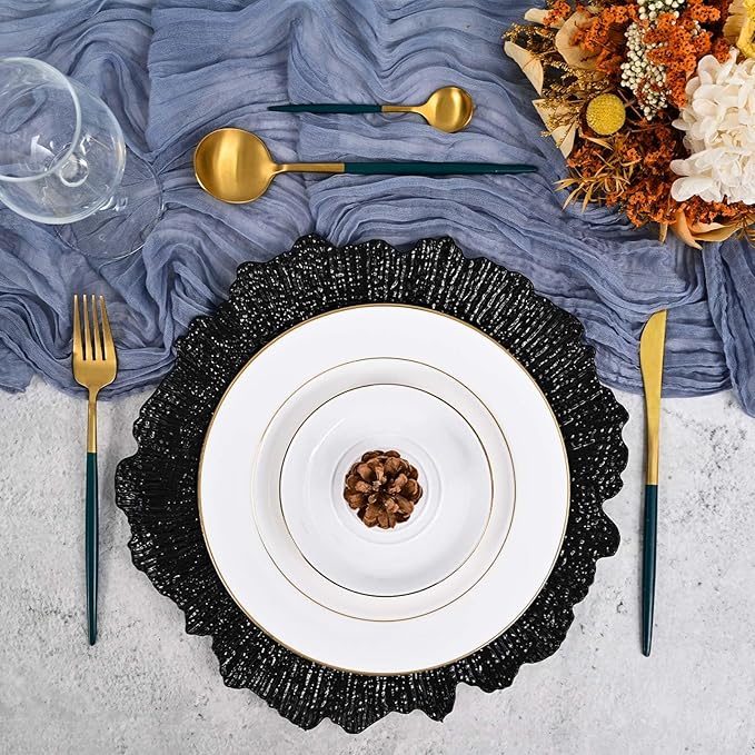 Pesonlook 100Pcs Black Charger Plates Round 13inch, Reef Plate Chargers for Dinner, Bulk Plastic Floral Table Charger Plates for Dinner Wedding Party Event Table Setting Decoration(Black)