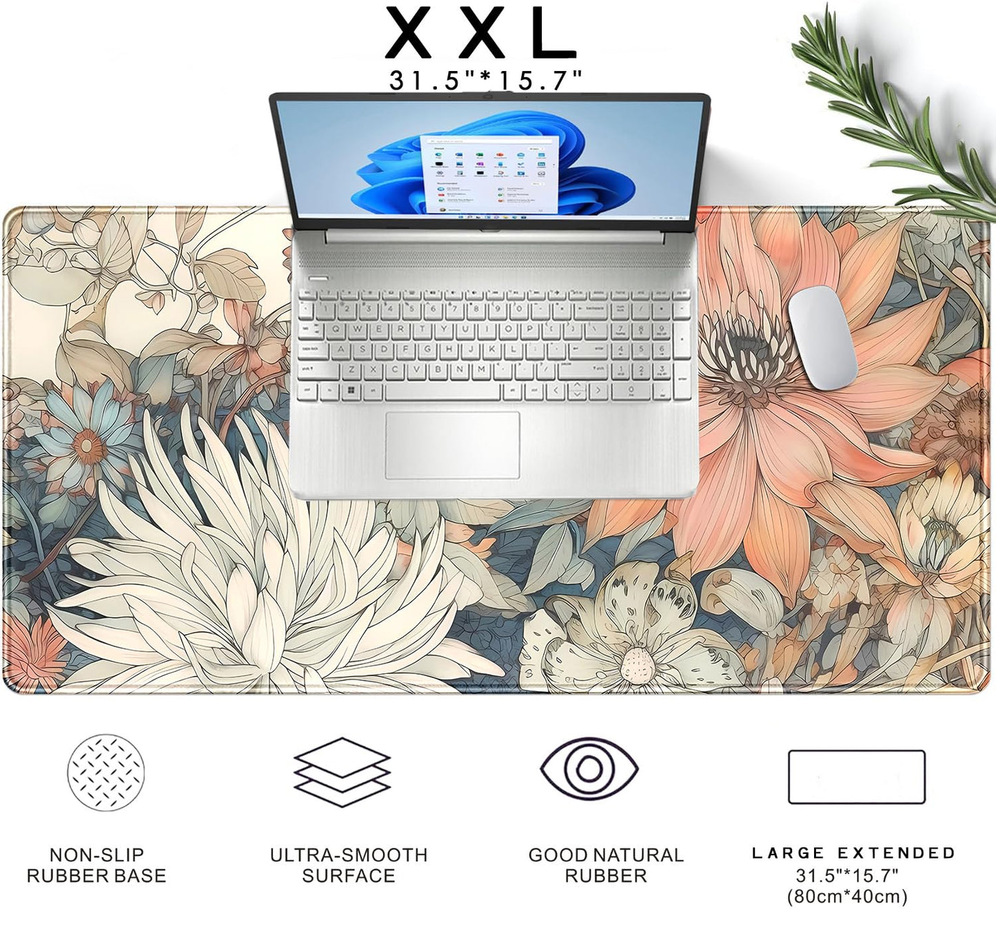 Nasdalgias Japanese Floral Desk Mat Boho Aesthetic Flower Desk Matt for Desktop Large XXL Gaming Mouse Pad Extended Deskpad Laptop Keyboard Computer Mat Office Decor for Women 31.5 X 15.7