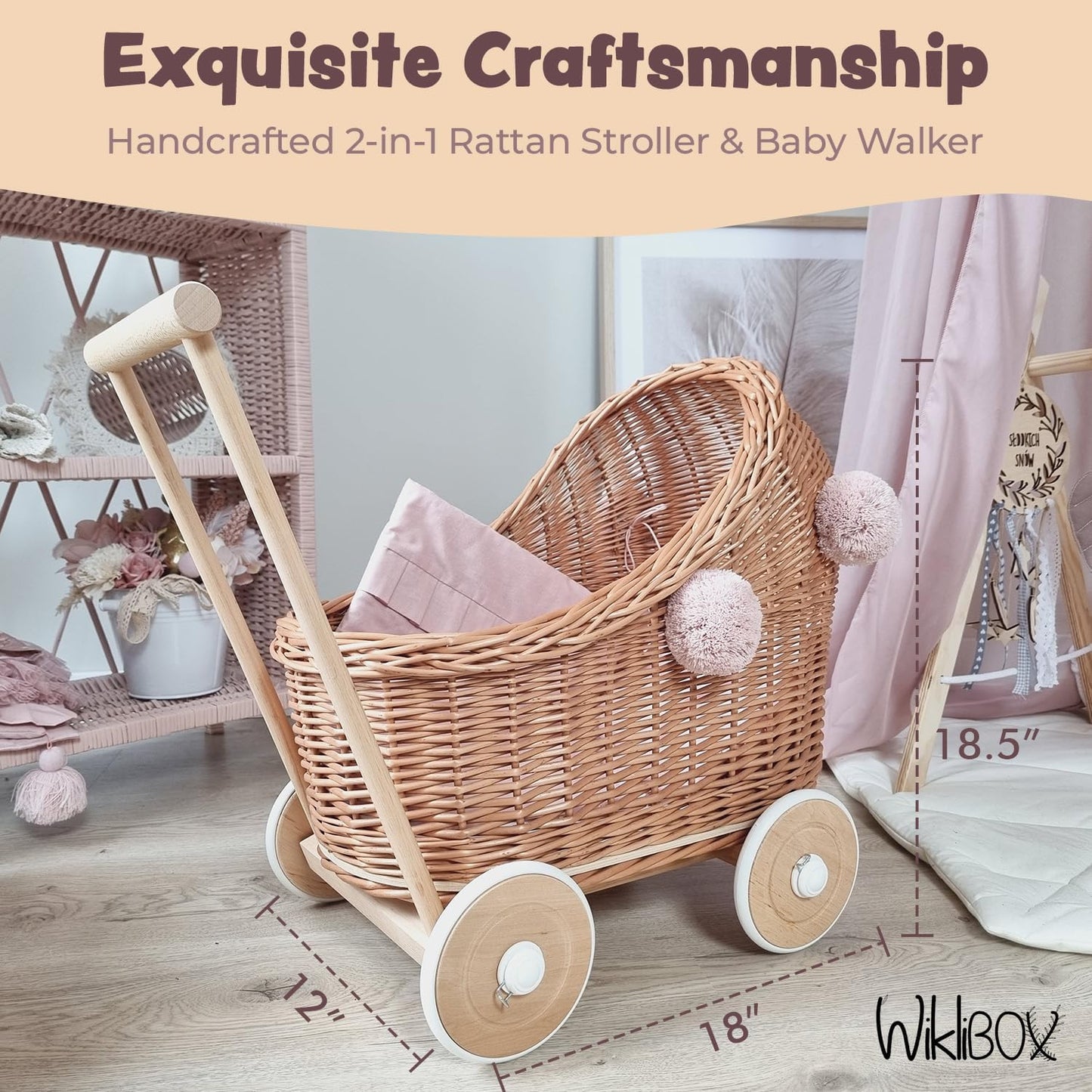 Wiklibox Natural Rattan Doll Stroller - Hand Made in Europe - Fits 17" Dolls & Plush Toys - Wicker Doll Pram & Baby Walker with Bedding Set - Perfect for Imaginative Play