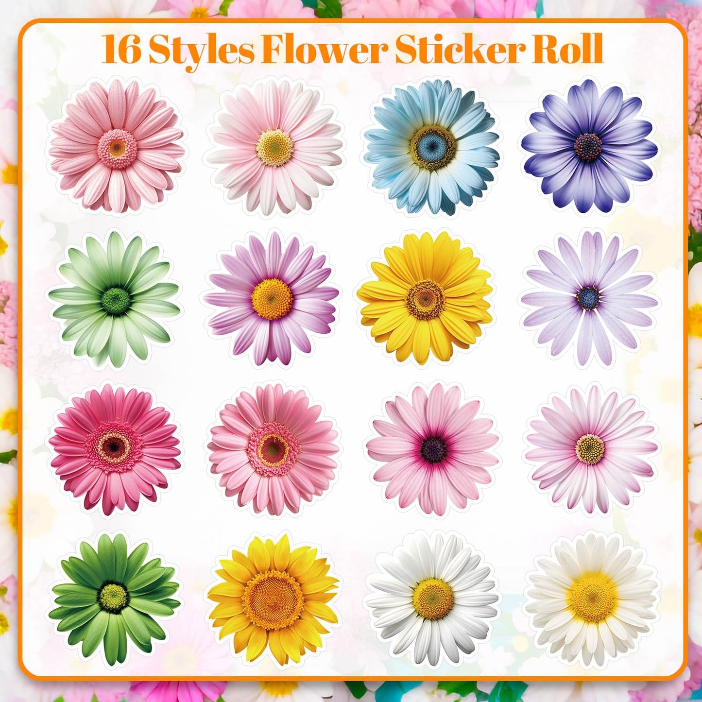 1200 PCS Daisy Stickers Cute Flower Stickers Roll for Kids Sun-Proof Flower Roll Sticker for Scrapbooks, Water Bottle, Present Boxes Decorations (16 Styles)