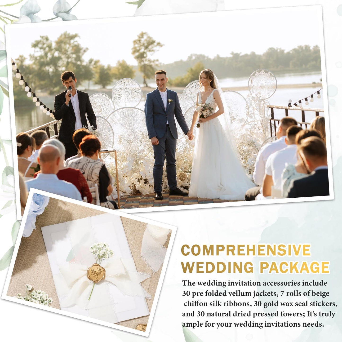 Fuyoooo 30 Set Wedding Invitations Wraps Set Pre Folded Vellum Jackets for 5 x 7 Invitations Self Adhesive Gold Wax Seal Stickers Dried Baby's Breath Flowers Chiffon Silk Ribbon for Craft DIY