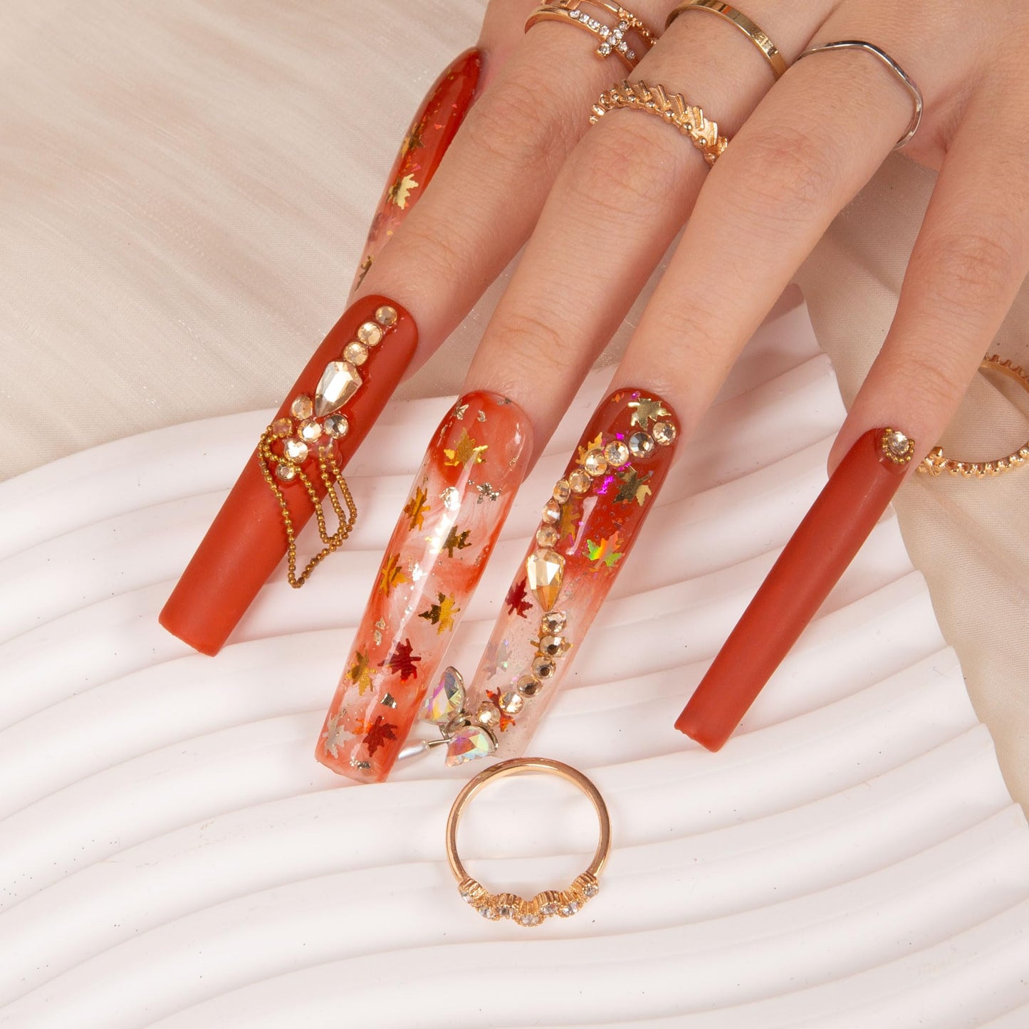 LOVFUL Press on Nails Fall | Handmade with Full Covered Crystals | Reusable Full Cover Nails | Square Long 2.2 in | H77-S