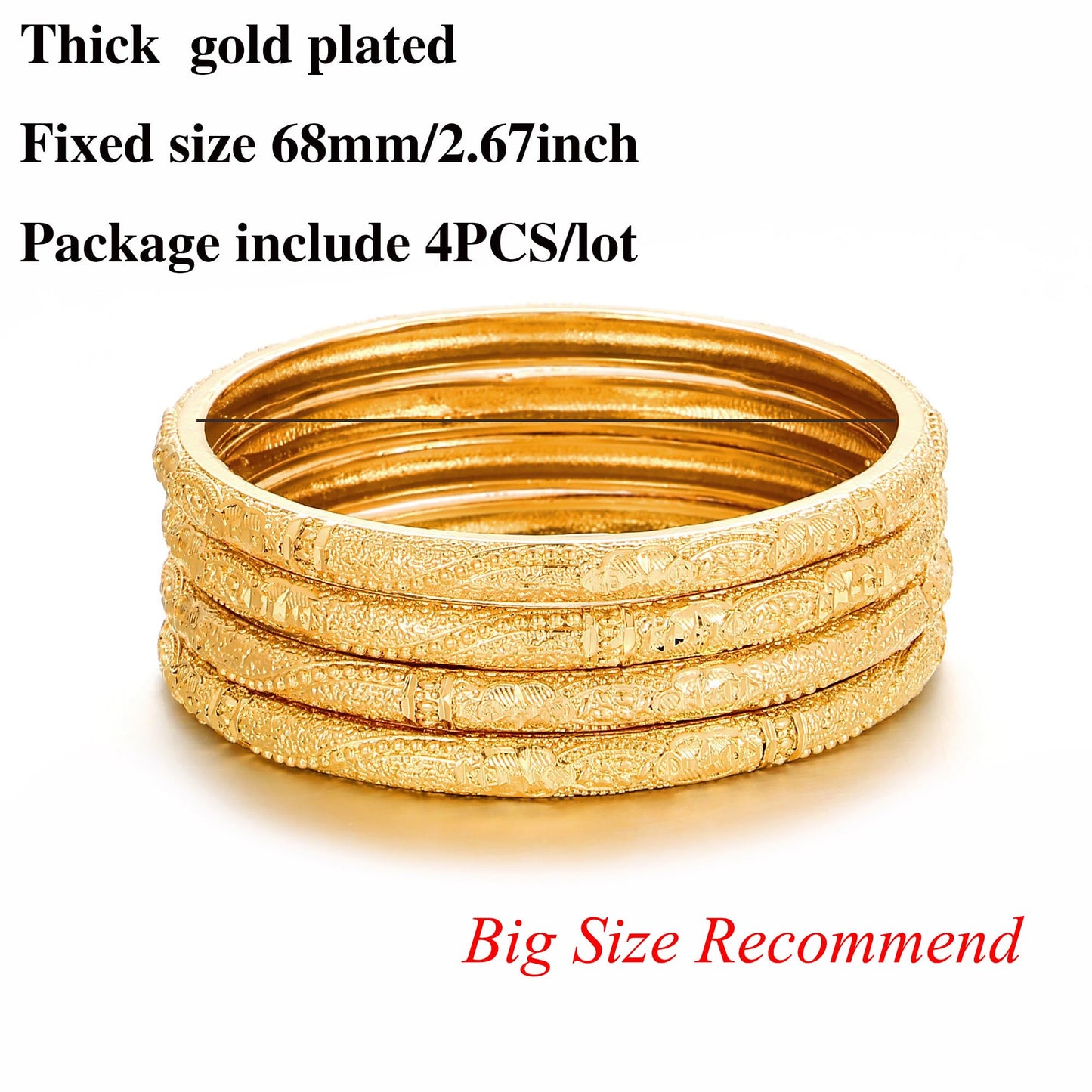 Ethlyn Large Sized Wrist Women Bracelets 2.7inch 18K Gold Plated Fixed Big Size Wrist Bangles Sets (4pcs /lot) (MY2357)
