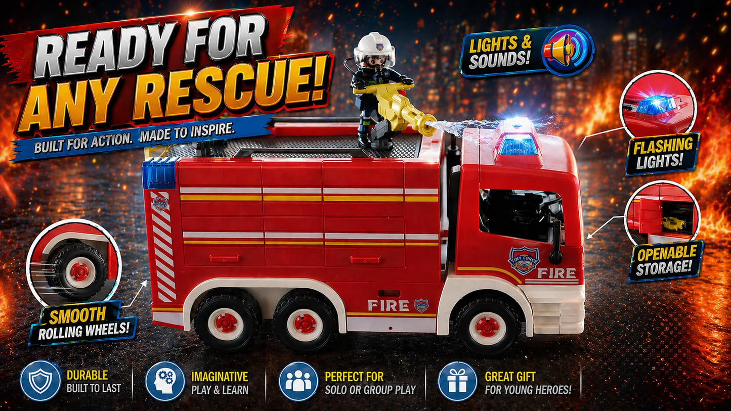 Tiny Force Fire Rescue Set – Fire Truck with Ladder, Toy Helicopter, Motorcycle & Fire Water Pump, Emergency Pretend Play Toys for Kids & Toddlers