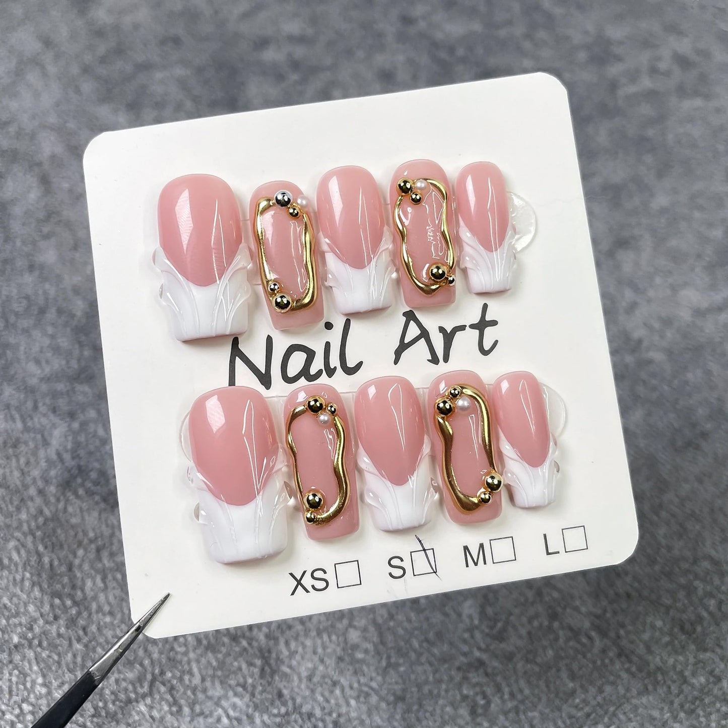Handmade Press on Nails Medium Square Fake Nails White French Tip Nails Press Ons with 3D Swirl Design Reusable False Nails Luxury Full Cover Stick on Nail for Women Manicure 10Pcs (Size M)