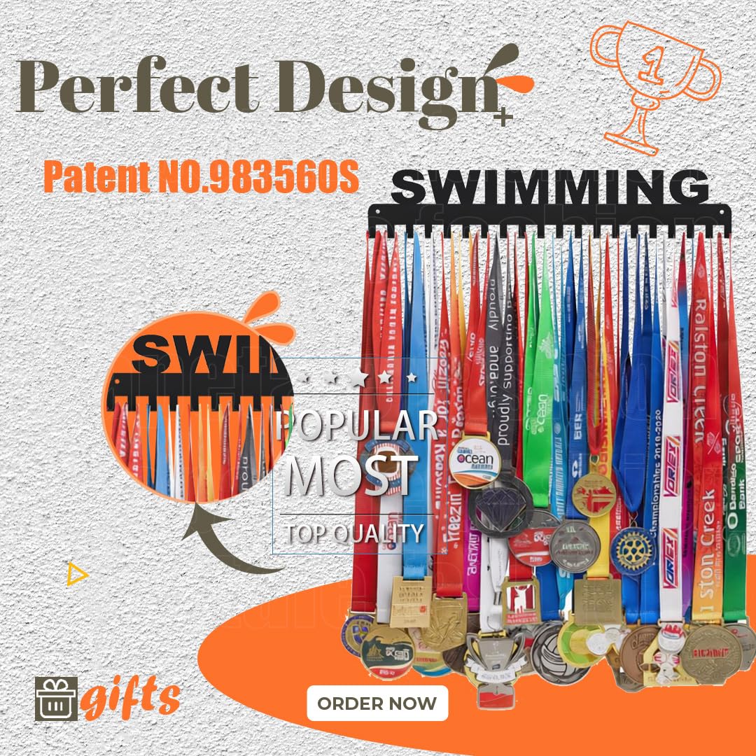 Lapetale Fashion Swimming Medal Hanger Display Medal Holder Hanger Display Rack Frame with 20PCS Hanging Hooks Upgraded Extension Hooks Easy Install Easy to Use Swimming Medal Display Rack