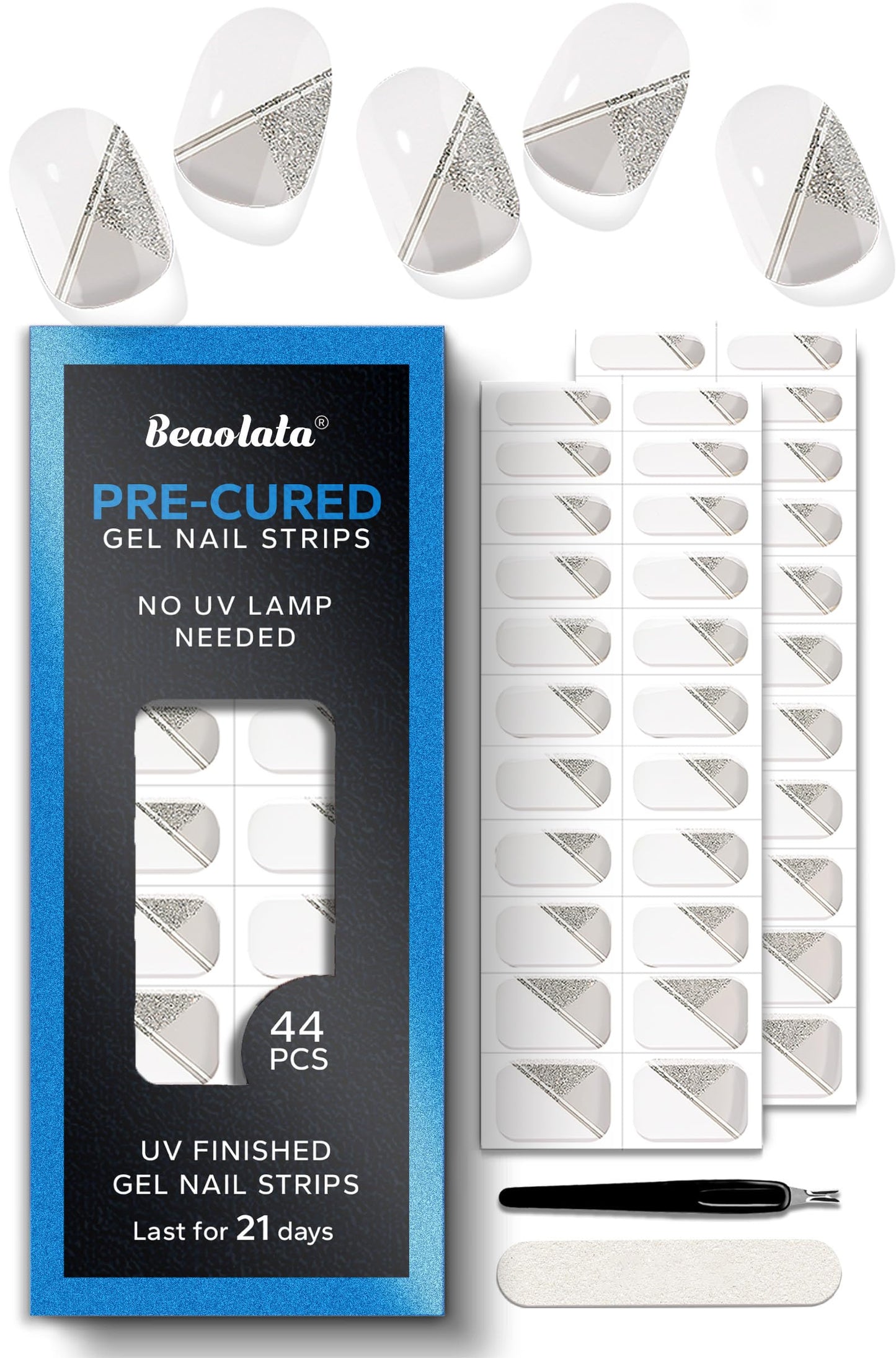 Beaolata Real Gel Nail Strips (No UV Light Needed) - 44Pcs Salon Quality Nail Stickers - Long Lasting Polish Wraps for Women, Easy Apply & Remove (Parisian Sparkle White)