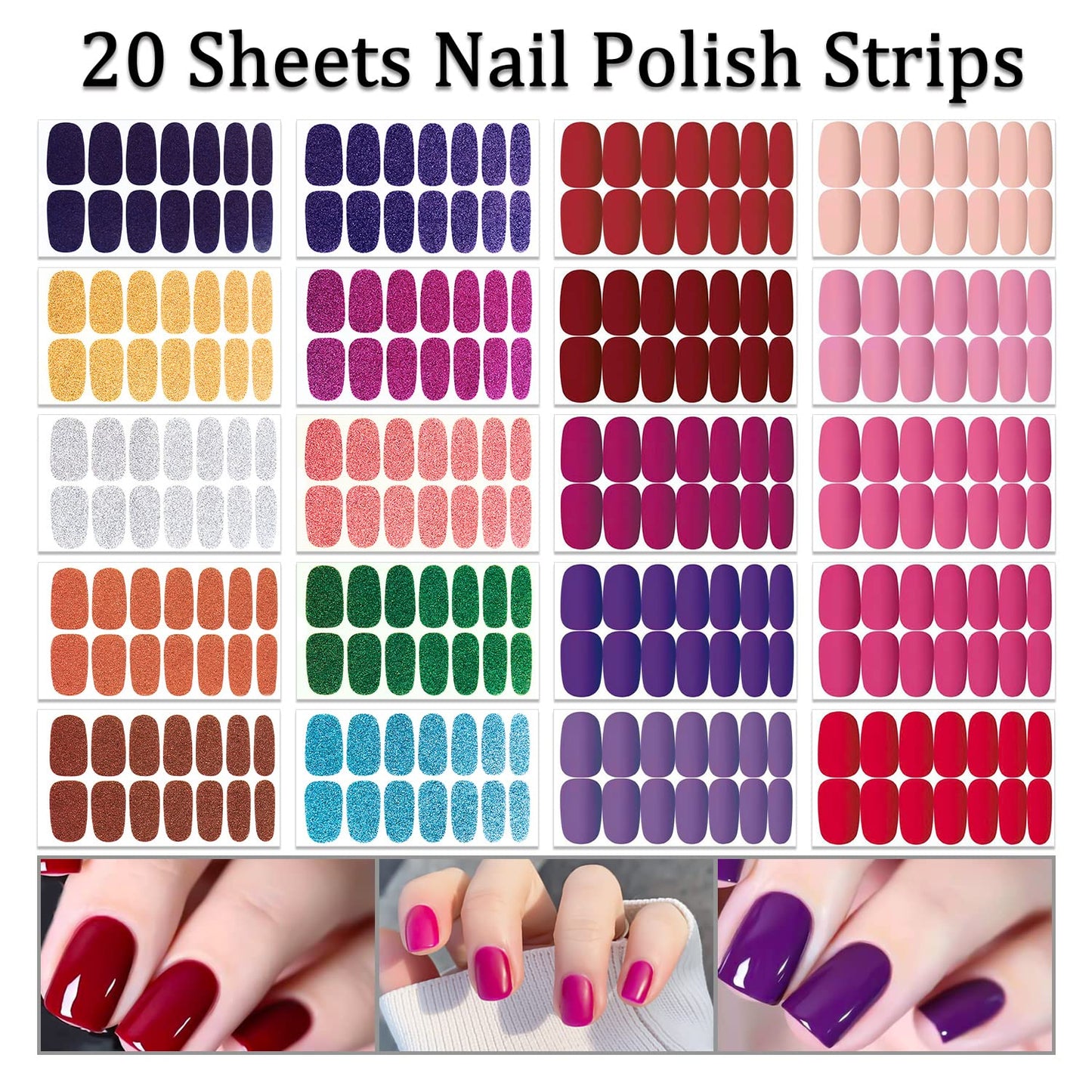 SILPECWEE 20 Sheets Nail Wraps for Women Glitter Solid Color Self Adhesive Nail Polish Strips Nail Sticker Polish Stick on Nails Nail Accessories with 1pc Nail File